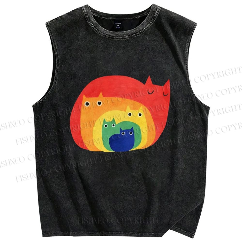 Unisex Rainbow Cat Printed Washed Tank Top