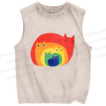 Unisex Rainbow Cat Printed Washed Tank Top