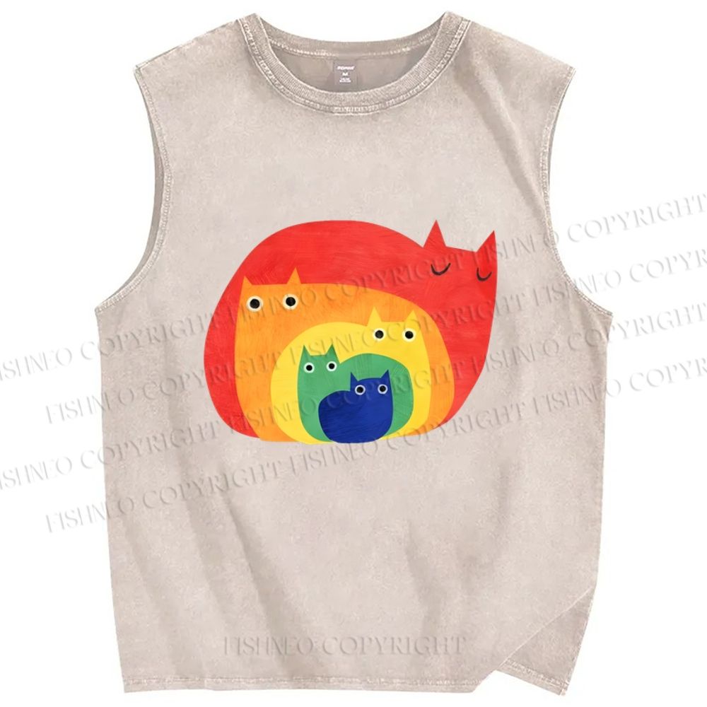 Unisex Rainbow Cat Printed Washed Tank Top