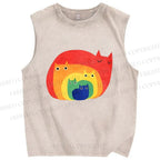 Unisex Rainbow Cat Printed Washed Tank Top