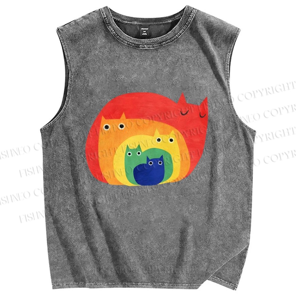Unisex Rainbow Cat Printed Washed Tank Top