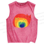 Unisex Rainbow Cat Printed Washed Tank Top