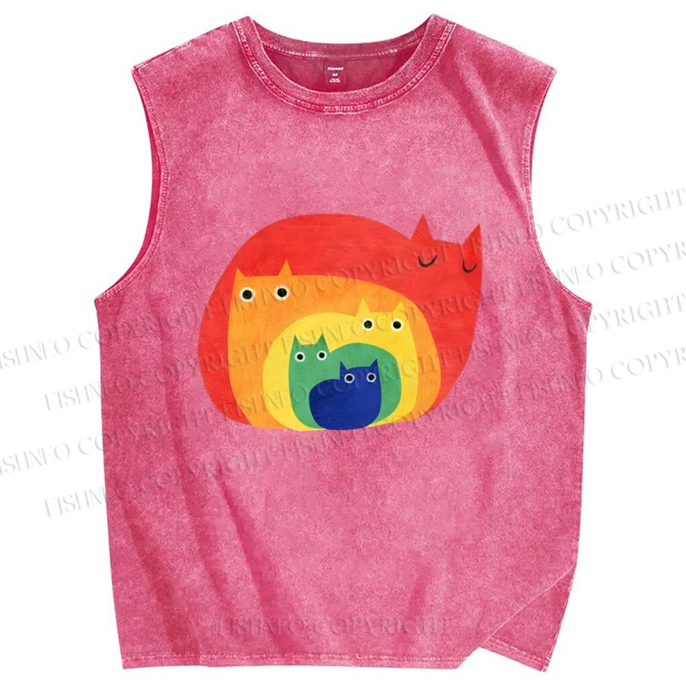 Unisex Rainbow Cat Printed Washed Tank Top