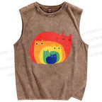 Unisex Rainbow Cat Printed Washed Tank Top