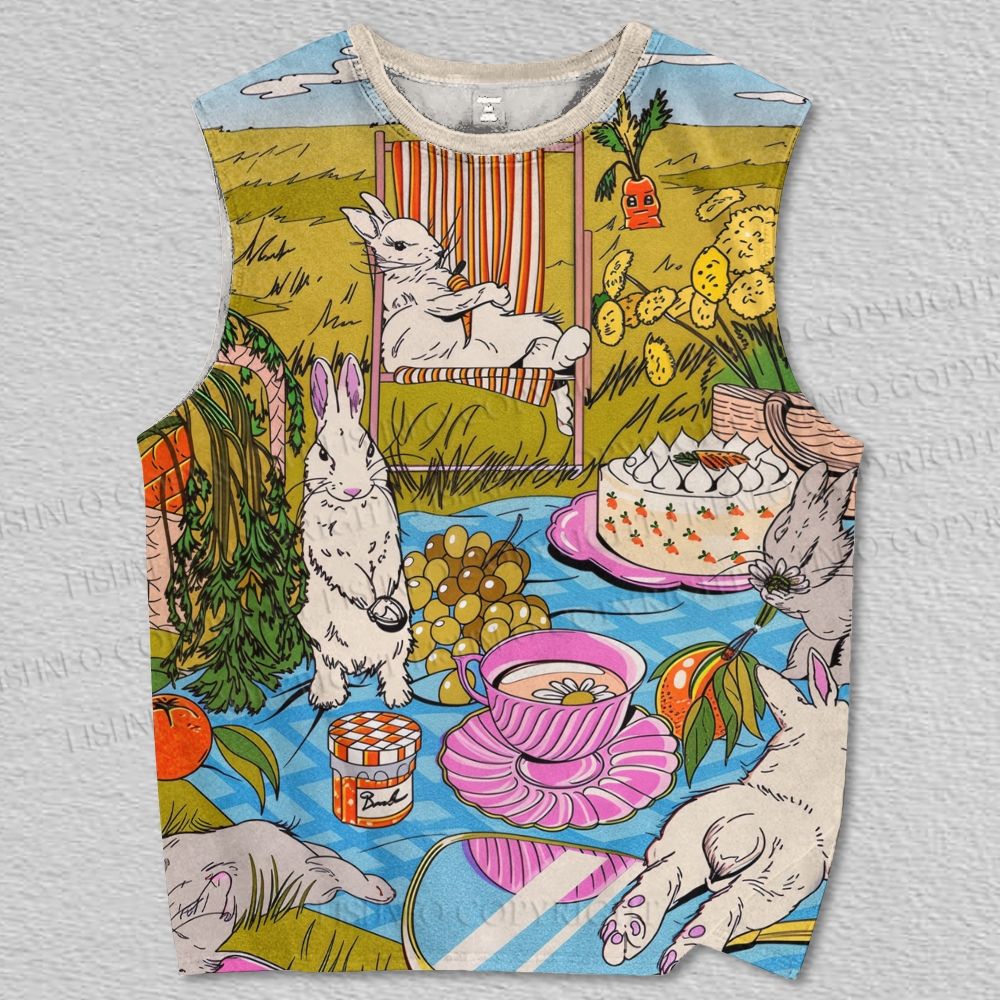 Unisex Countryside Picnic Bunny Printed Tank Top