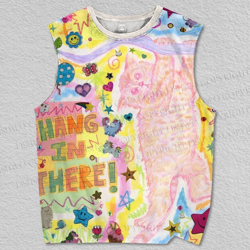 Unisex Fluffy Cat Hang In There Printed Tank Top