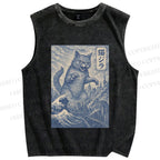 Unisex Vintage Wave Cat Printed Washed Tank Top