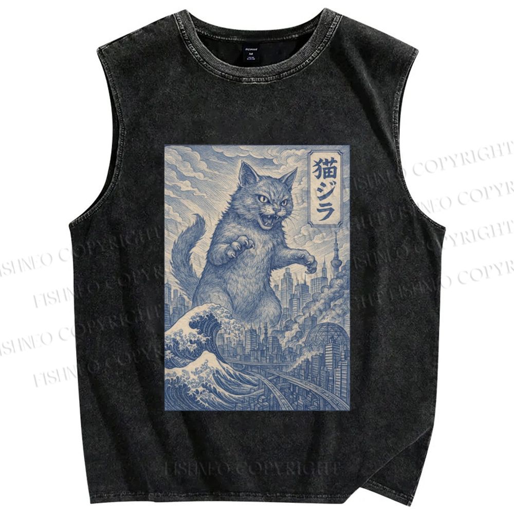 Unisex Vintage Wave Cat Printed Washed Tank Top