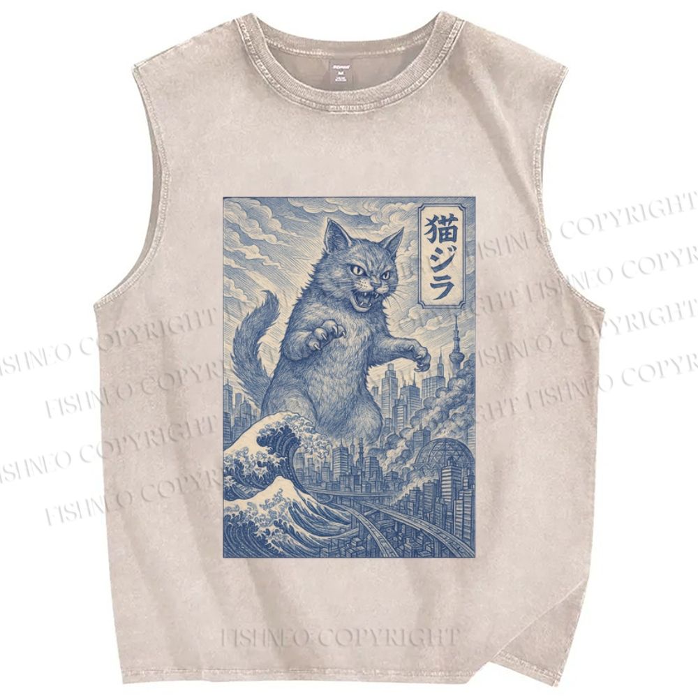 Unisex Vintage Wave Cat Printed Washed Tank Top