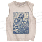 Unisex Vintage Wave Cat Printed Washed Tank Top