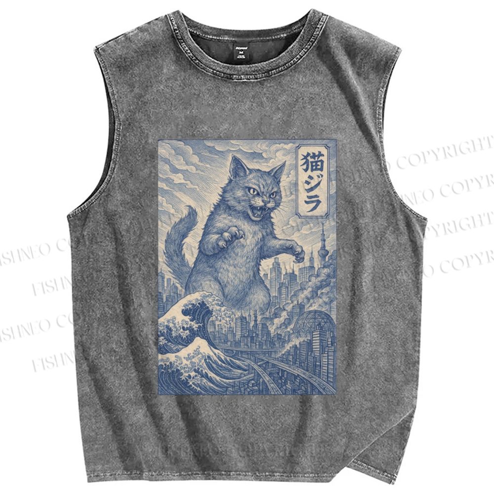 Unisex Vintage Wave Cat Printed Washed Tank Top