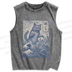 Unisex Vintage Wave Cat Printed Washed Tank Top