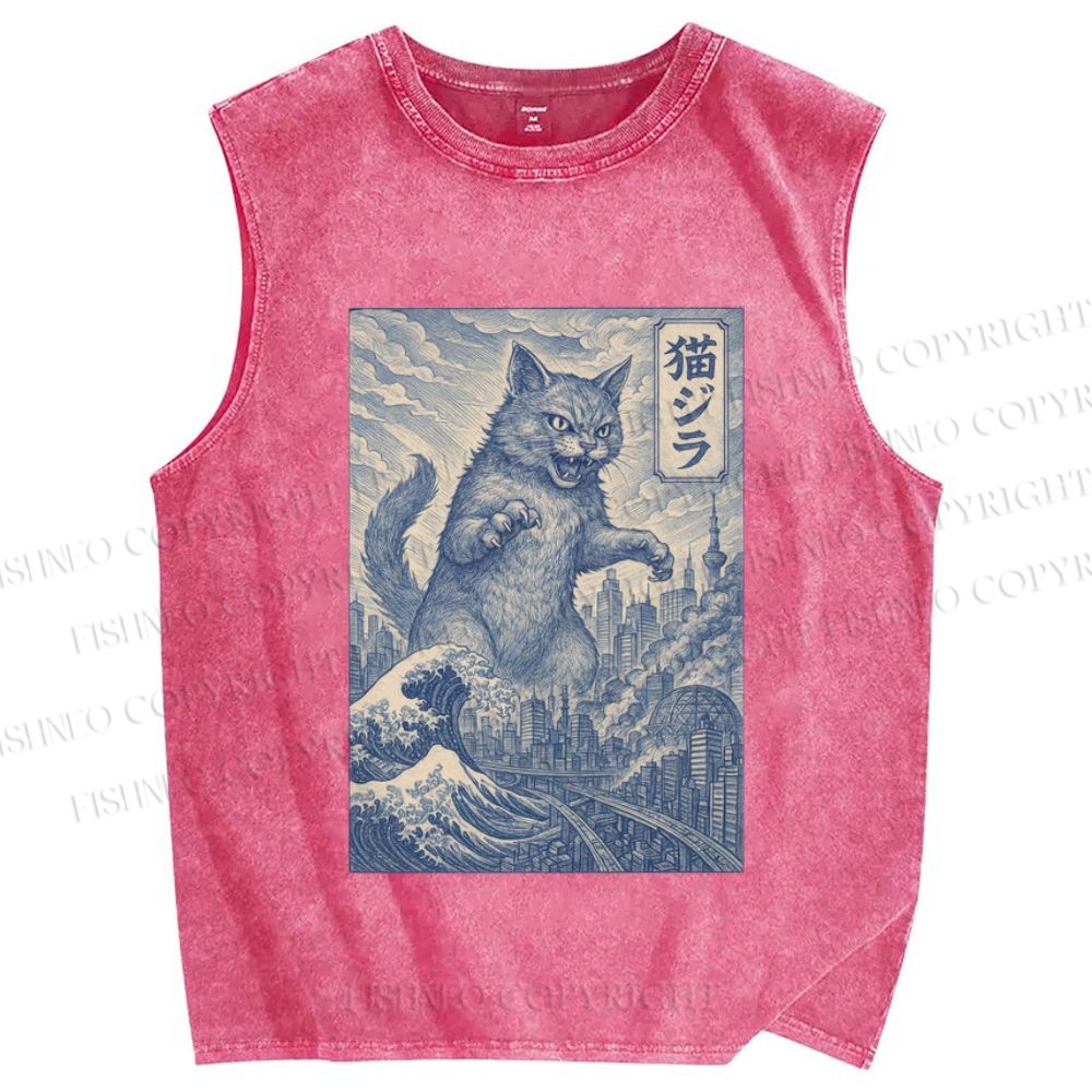 Unisex Vintage Wave Cat Printed Washed Tank Top