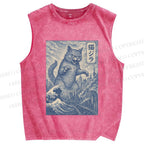 Unisex Vintage Wave Cat Printed Washed Tank Top