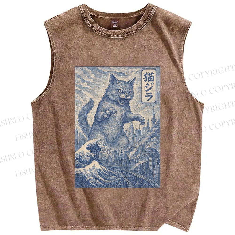 Unisex Vintage Wave Cat Printed Washed Tank Top