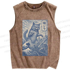 Unisex Vintage Wave Cat Printed Washed Tank Top