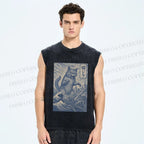 Unisex Vintage Wave Cat Printed Washed Tank Top