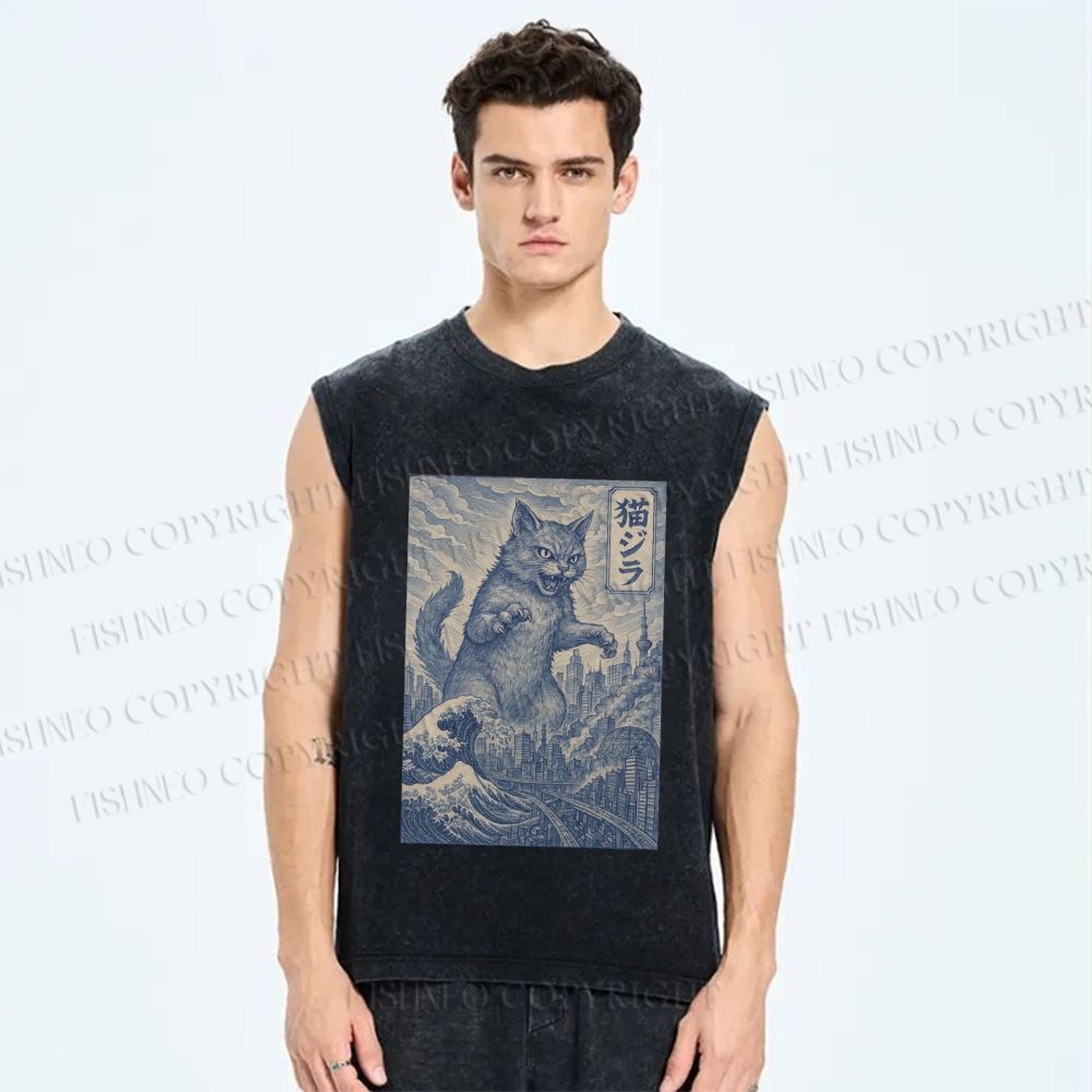 Unisex Vintage Wave Cat Printed Washed Tank Top