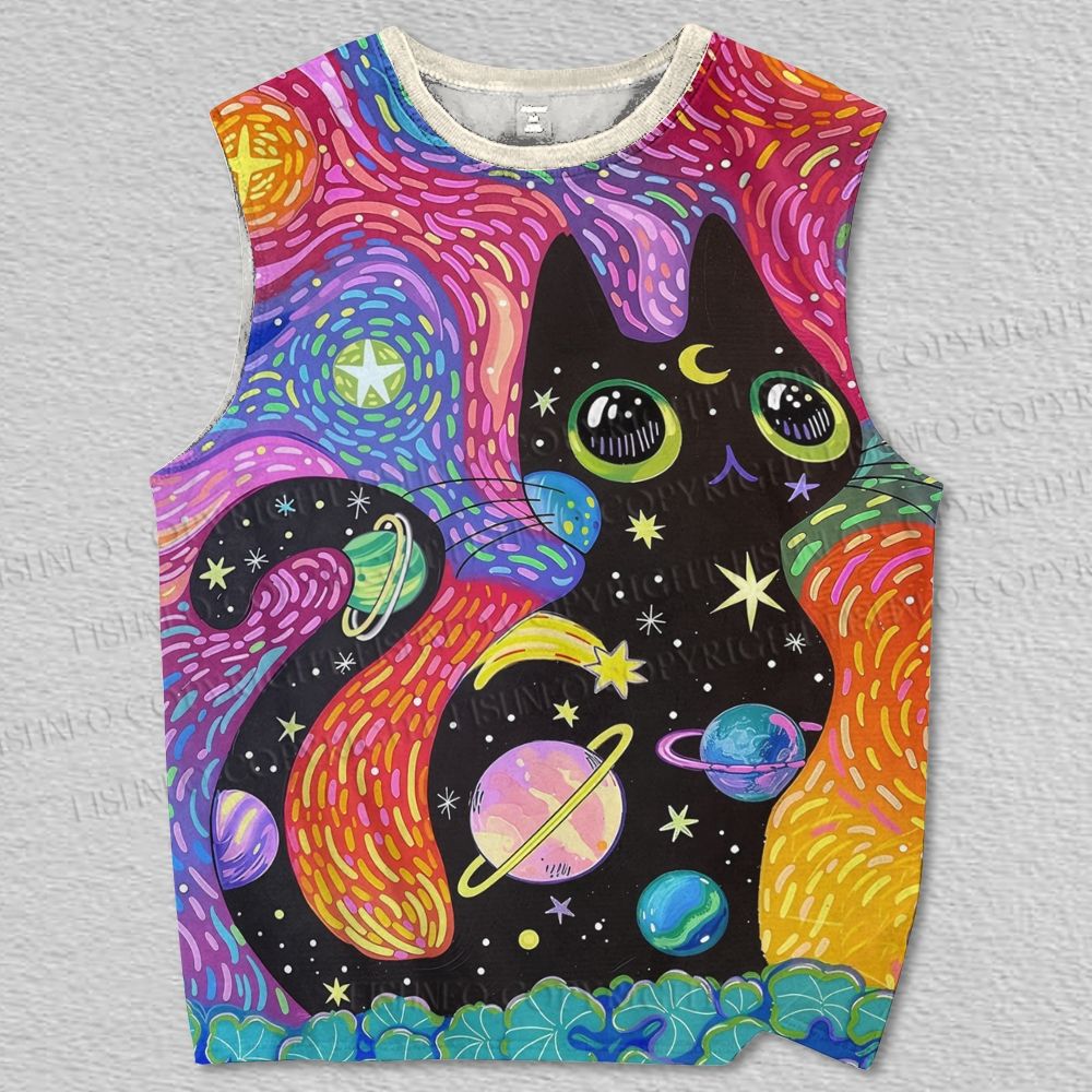 Unisex Black Cat Under Starry Sky Printed Tank Top