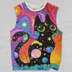 Unisex Black Cat Under Starry Sky Printed Tank Top