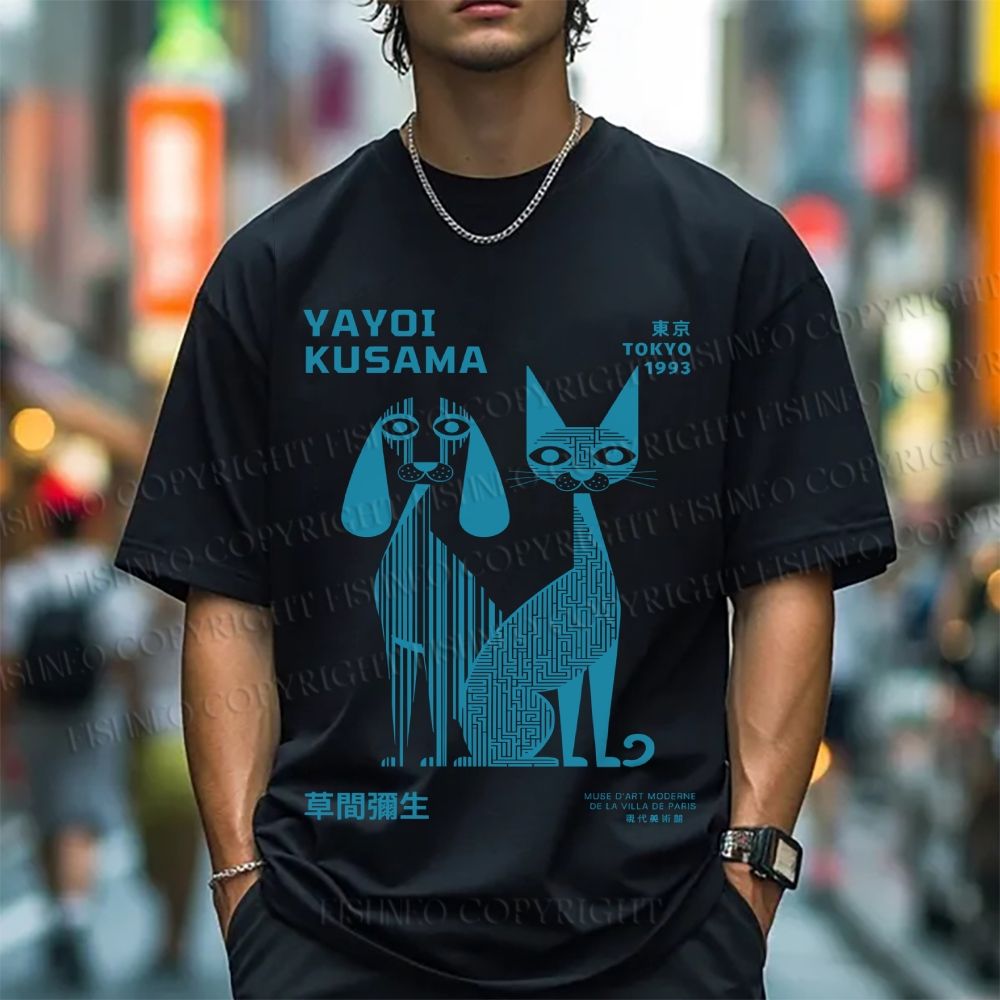 Unisex Yayoi Kusama Cat And Dog Line Art Classic Cotton T-shirt