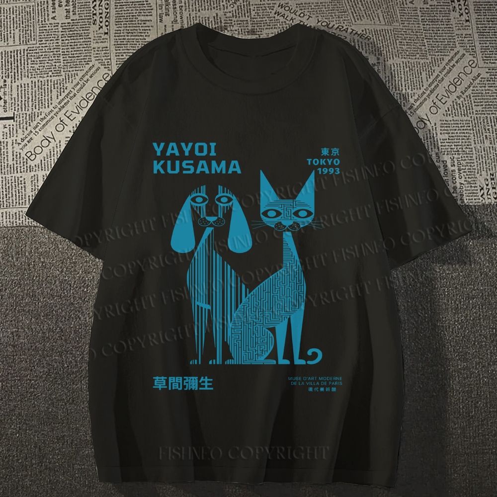 Unisex Yayoi Kusama Cat And Dog Line Art Classic Cotton T-shirt