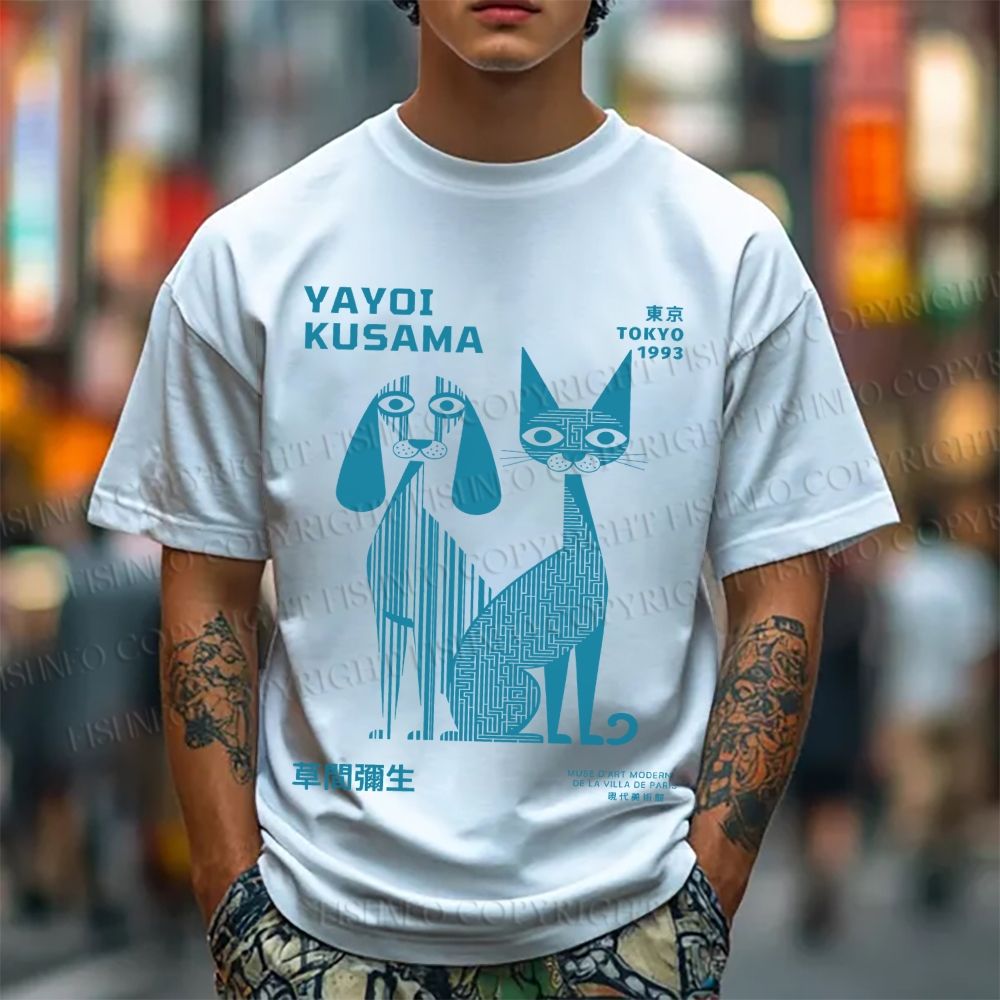 Unisex Yayoi Kusama Cat And Dog Line Art Classic Cotton T-shirt