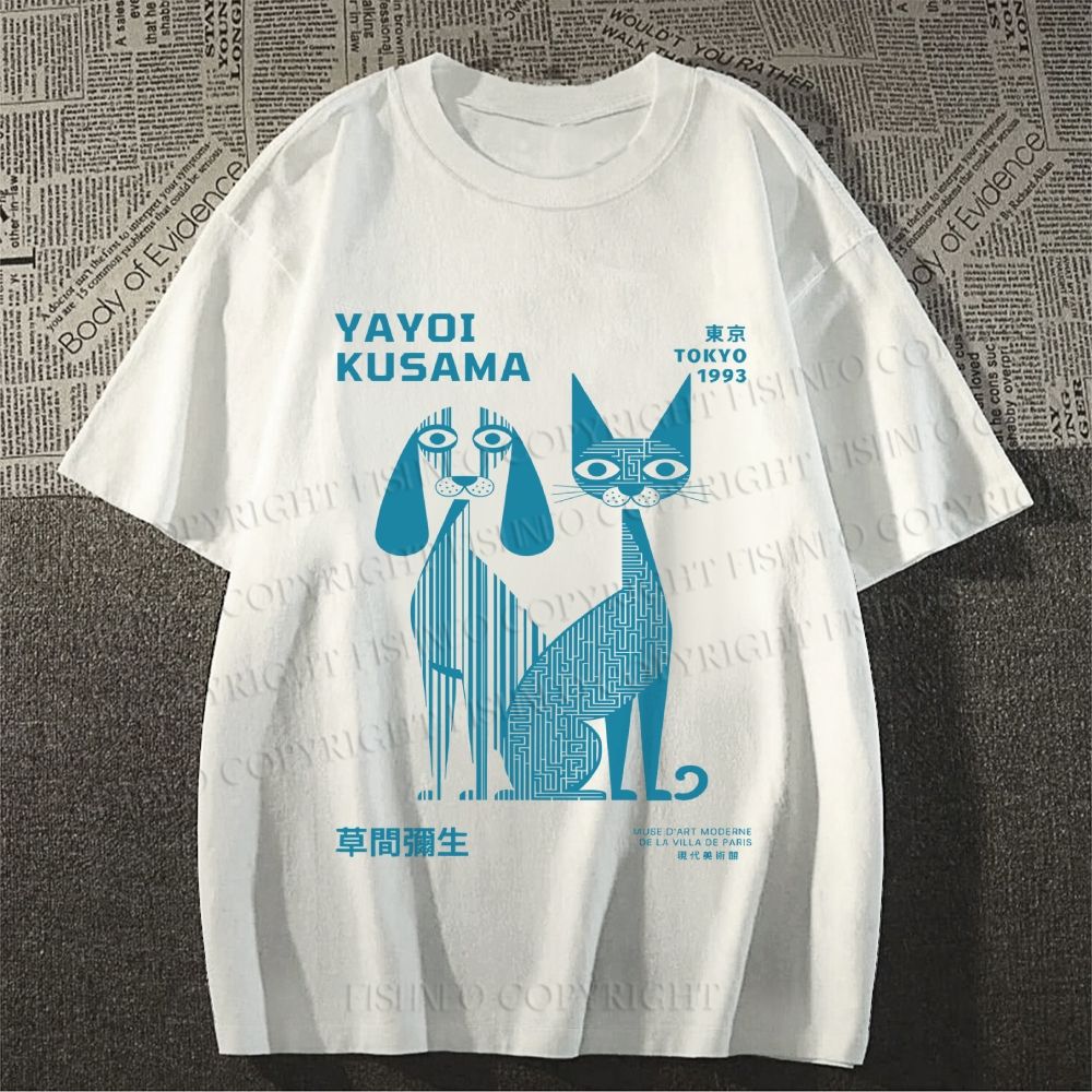 Unisex Yayoi Kusama Cat And Dog Line Art Classic Cotton T-shirt