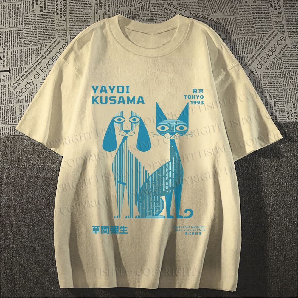Unisex Yayoi Kusama Cat And Dog Line Art Classic Cotton T-shirt