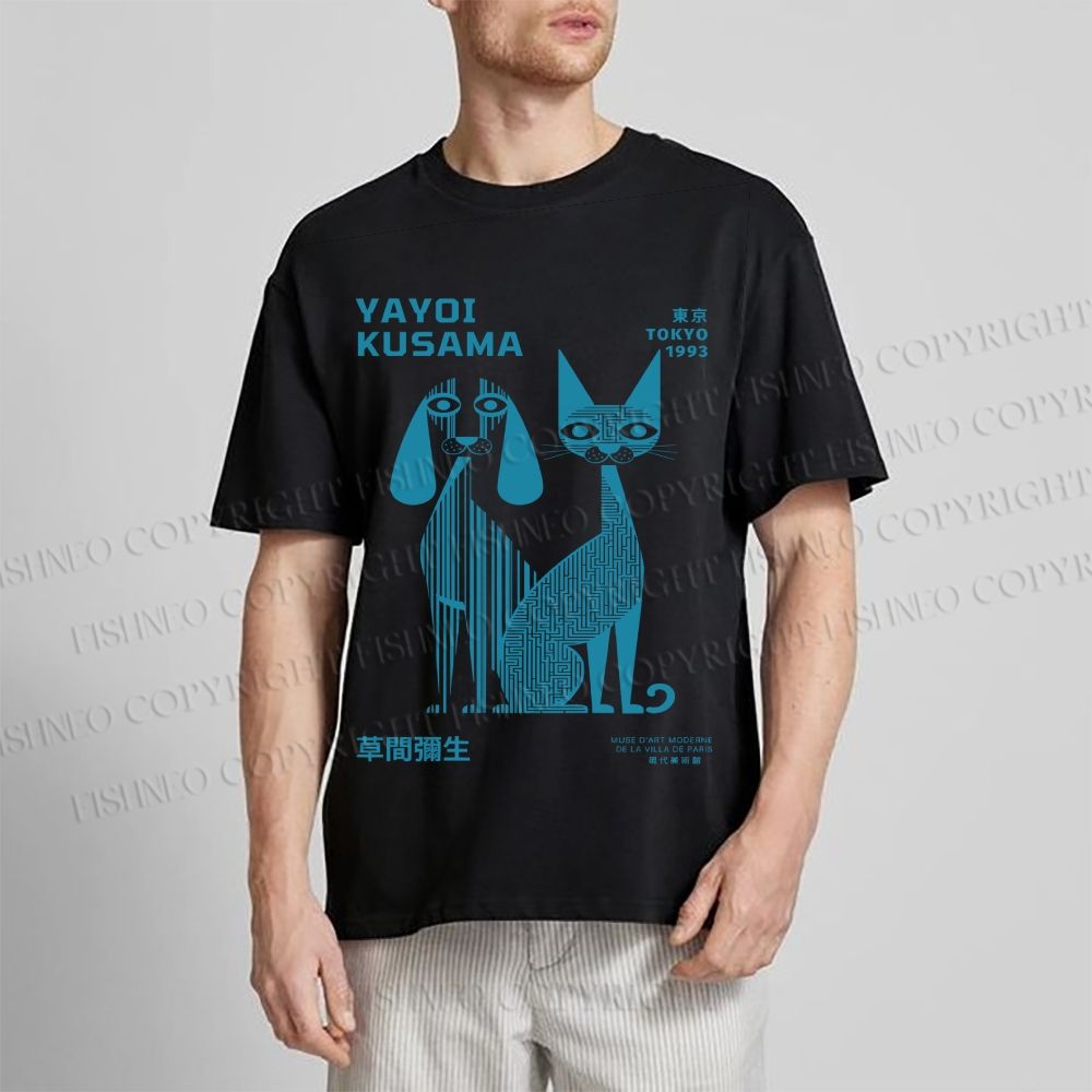 Unisex Yayoi Kusama Cat And Dog Line Art Classic Cotton T-shirt