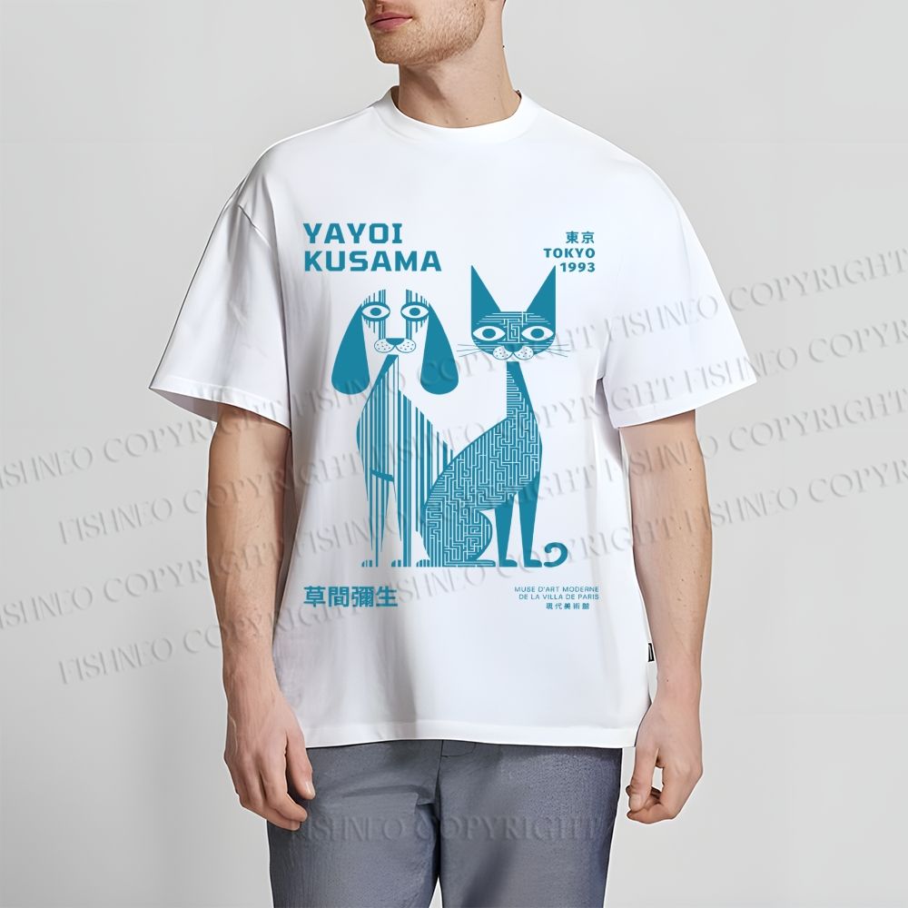 Unisex Yayoi Kusama Cat And Dog Line Art Classic Cotton T-shirt