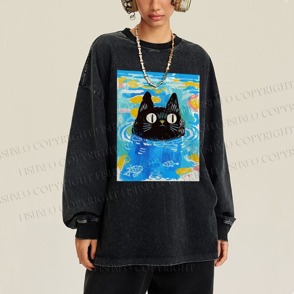 Unisex Cat In Water Casual Washed Printed Long Sleeve T-shirt