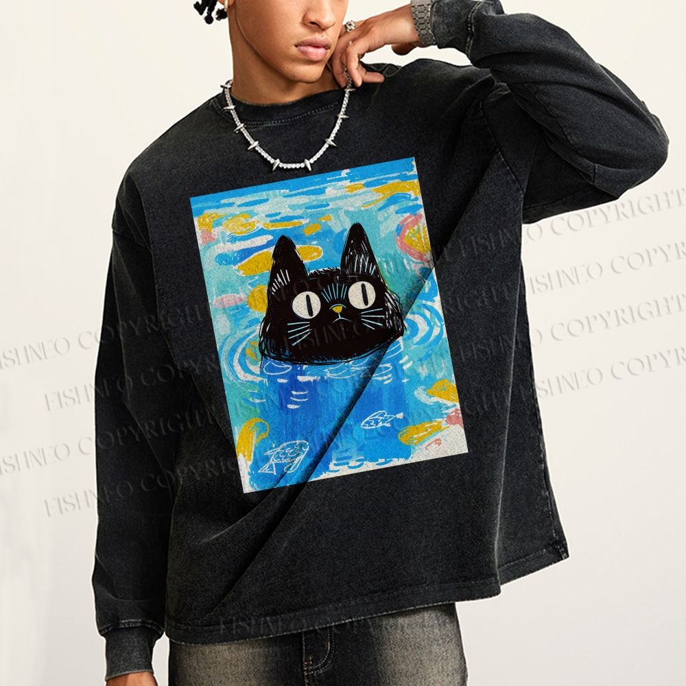 Unisex Cat In Water Casual Washed Printed Long Sleeve T-shirt