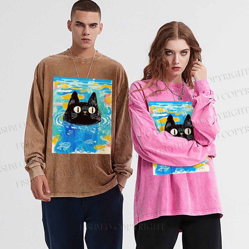 Unisex Cat In Water Casual Washed Printed Long Sleeve T-shirt
