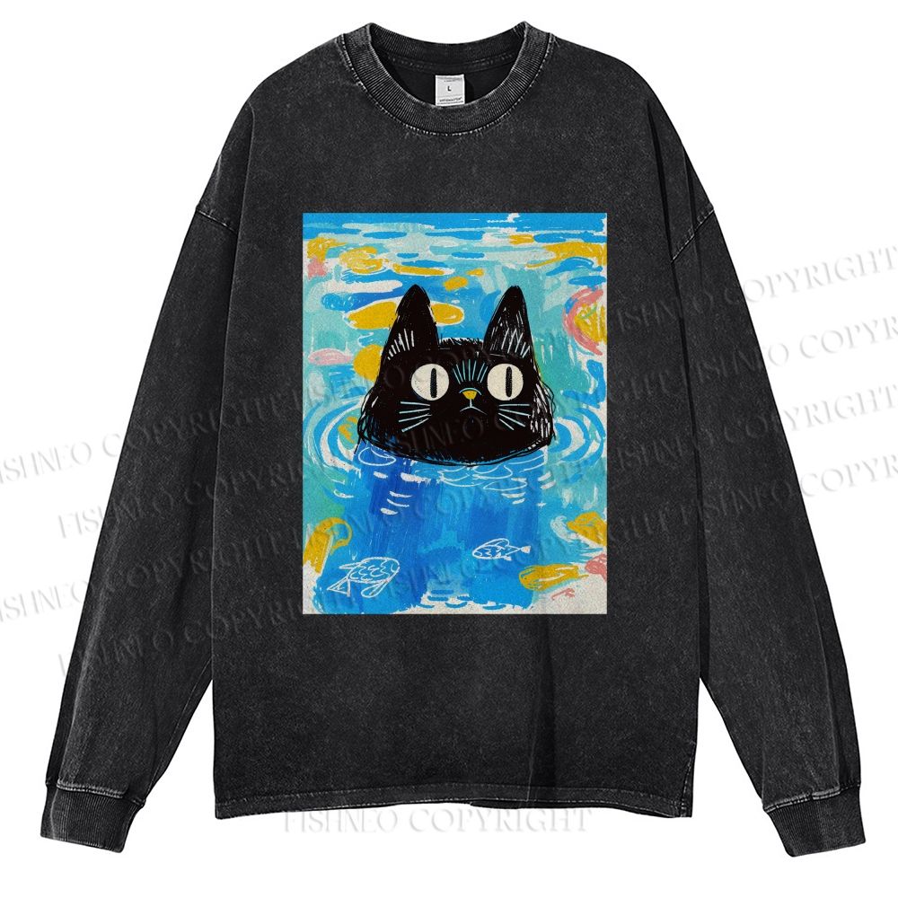 Unisex Cat In Water Casual Washed Printed Long Sleeve T-shirt