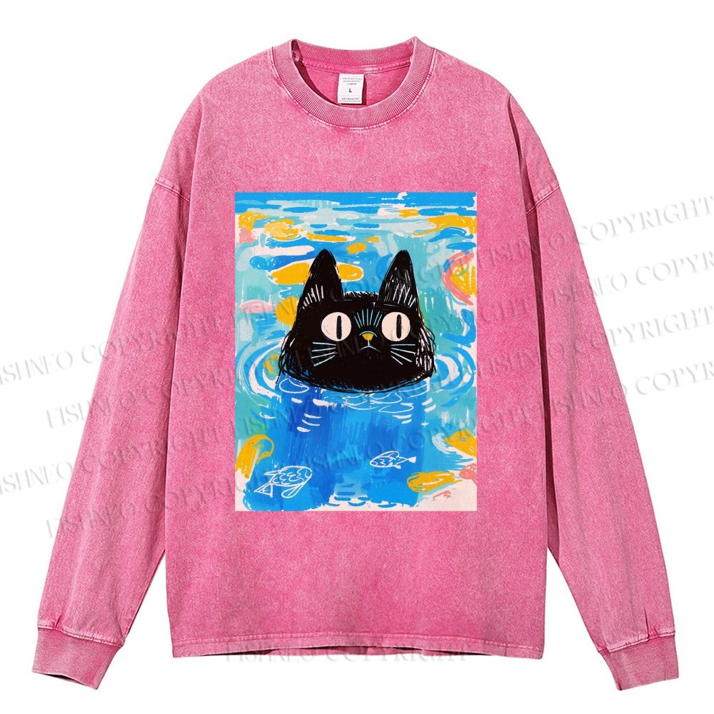 Unisex Cat In Water Casual Washed Printed Long Sleeve T-shirt