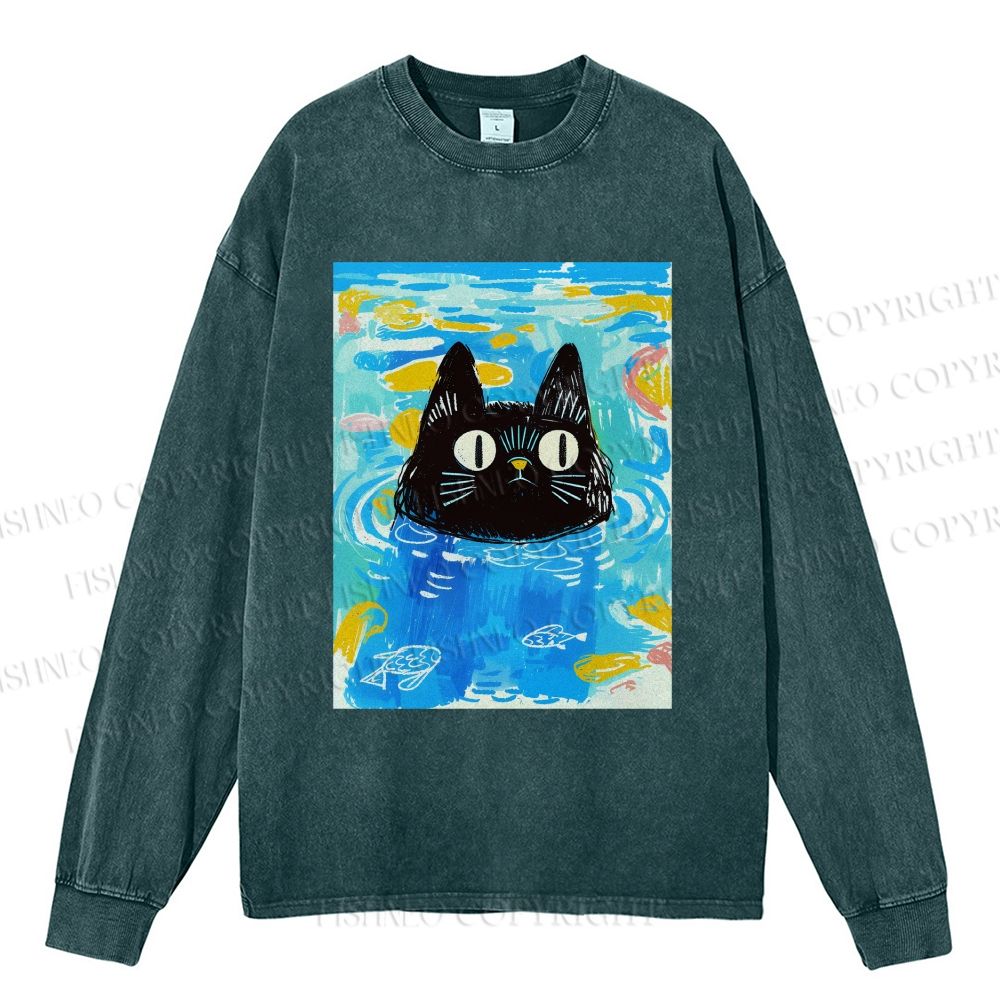 Unisex Cat In Water Casual Washed Printed Long Sleeve T-shirt