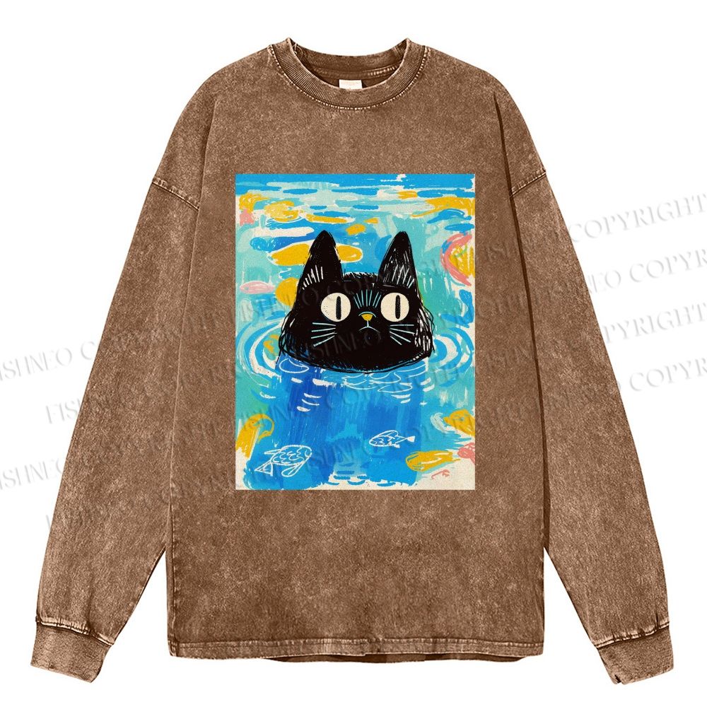 Unisex Cat In Water Casual Washed Printed Long Sleeve T-shirt