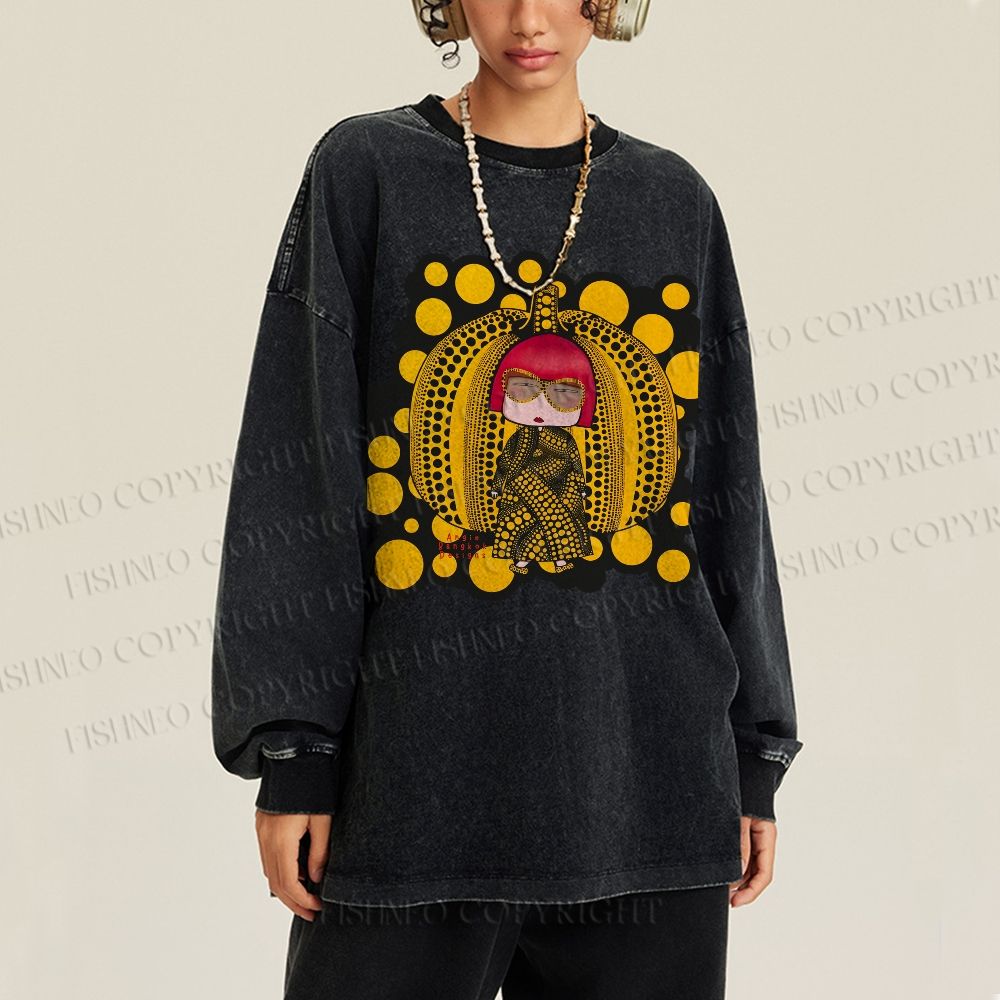 Unisex Casual Washed Japanese Yayoi Kusama Printed Long Sleeve T-shirt