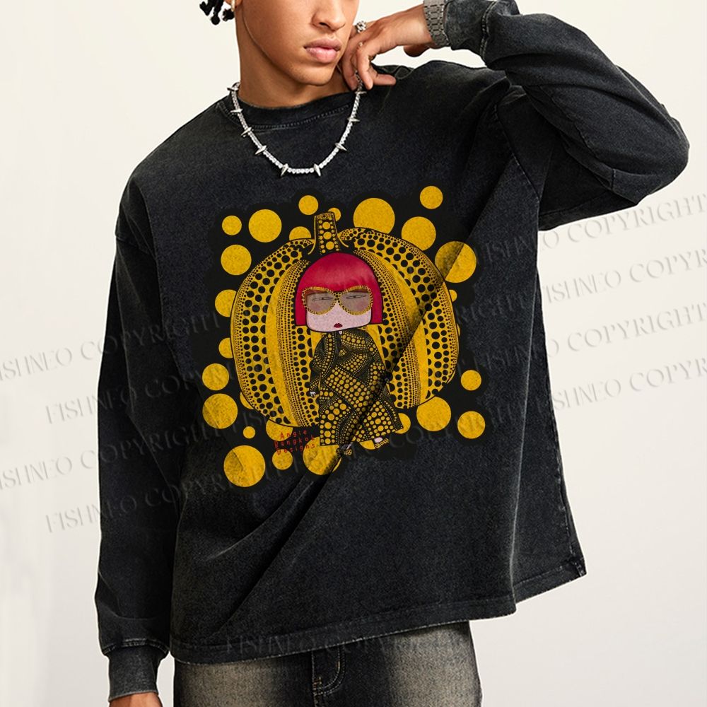 Unisex Casual Washed Japanese Yayoi Kusama Printed Long Sleeve T-shirt