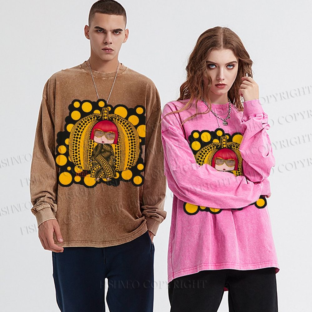 Unisex Casual Washed Japanese Yayoi Kusama Printed Long Sleeve T-shirt