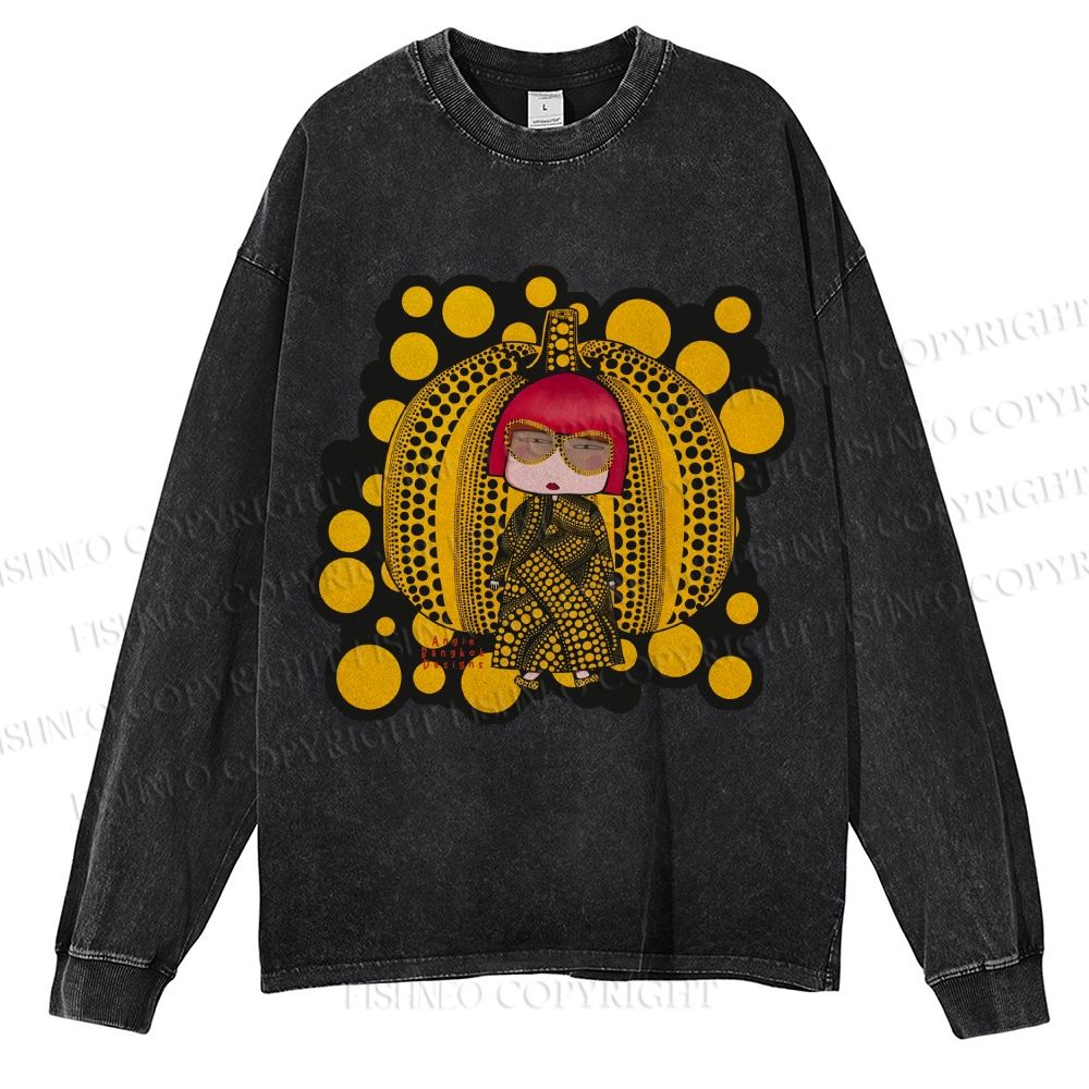 Unisex Casual Washed Japanese Yayoi Kusama Printed Long Sleeve T-shirt