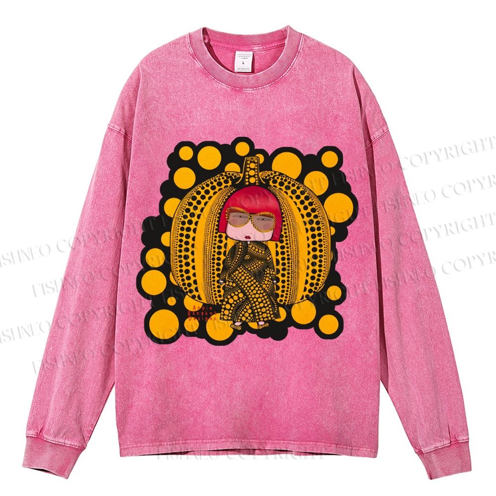 Unisex Casual Washed Japanese Yayoi Kusama Printed Long Sleeve T-shirt