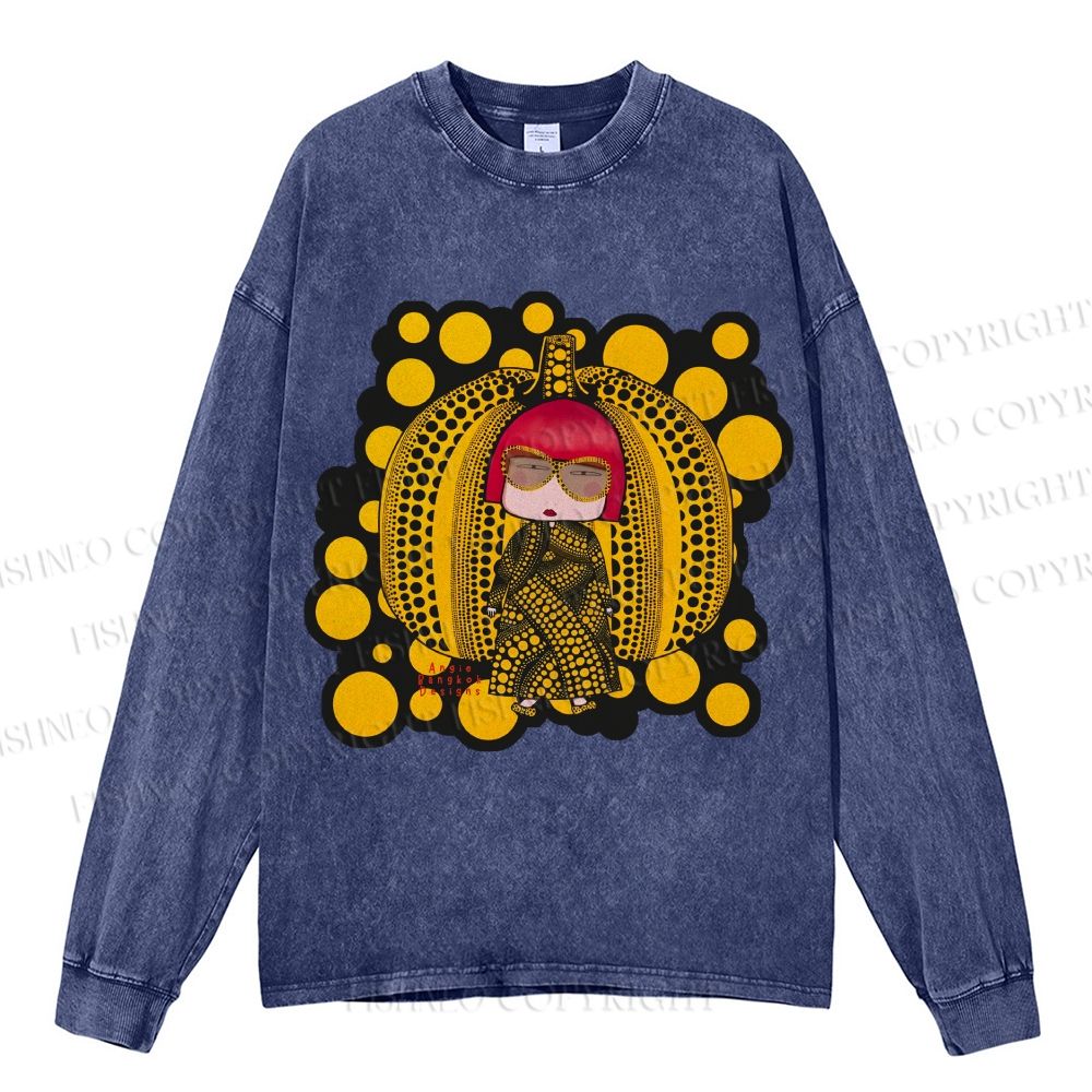 Unisex Casual Washed Japanese Yayoi Kusama Printed Long Sleeve T-shirt