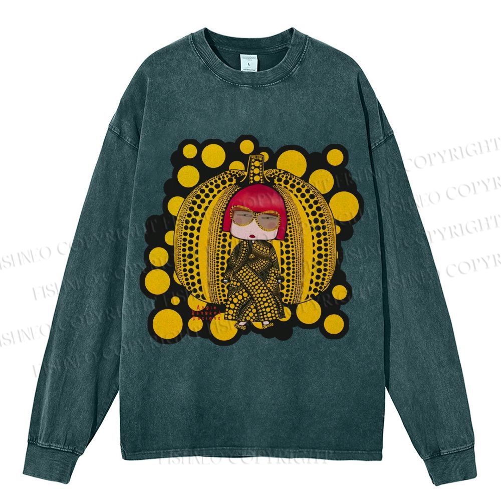 Unisex Casual Washed Japanese Yayoi Kusama Printed Long Sleeve T-shirt