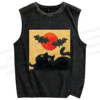 Unisex Halloween Cat Printed Washed Tank Top