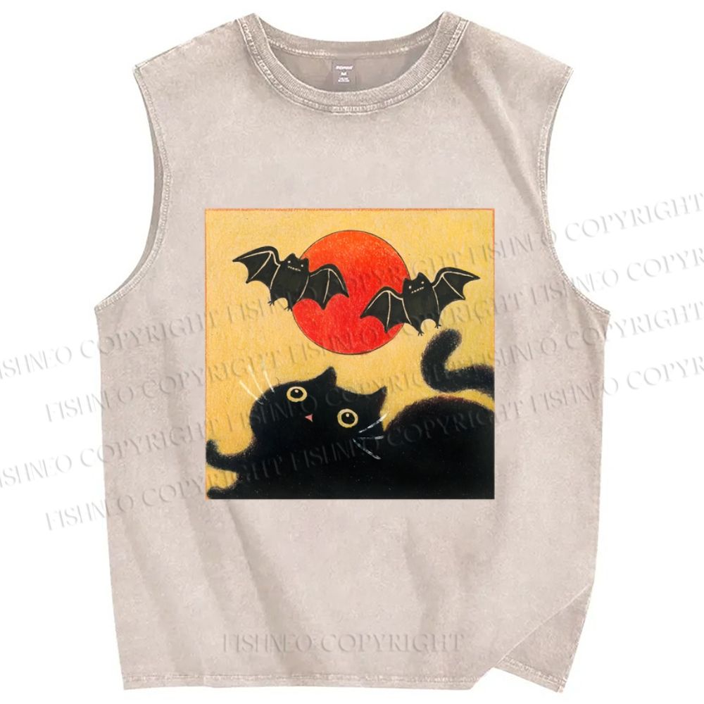 Unisex Halloween Cat Printed Washed Tank Top