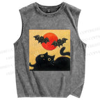 Unisex Halloween Cat Printed Washed Tank Top
