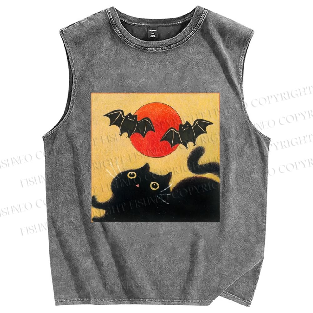 Unisex Halloween Cat Printed Washed Tank Top