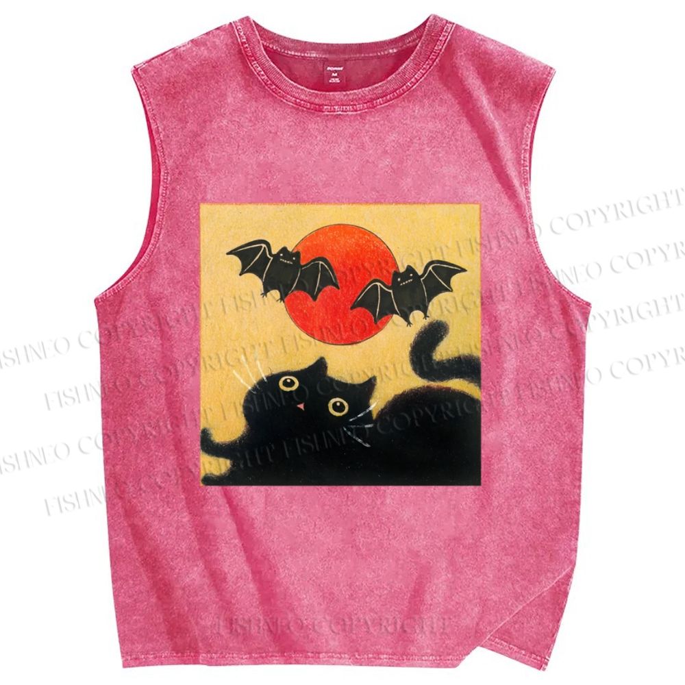 Unisex Halloween Cat Printed Washed Tank Top